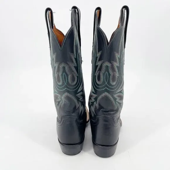 Lucchese Women’s 6 Black Leather Turquoise Stitching Square Toe Western Boots - Picture 7 of 11